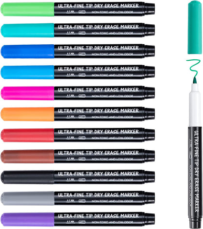 Dry Erase Markers Ultra Fine Tip, 0.7Mm, Low Odor, Extra Fine Point Dry Erase Markers for Planning Whiteboard, Calendar Boards, 12 Count Assorted Colors Whiteboard Markers for Kids