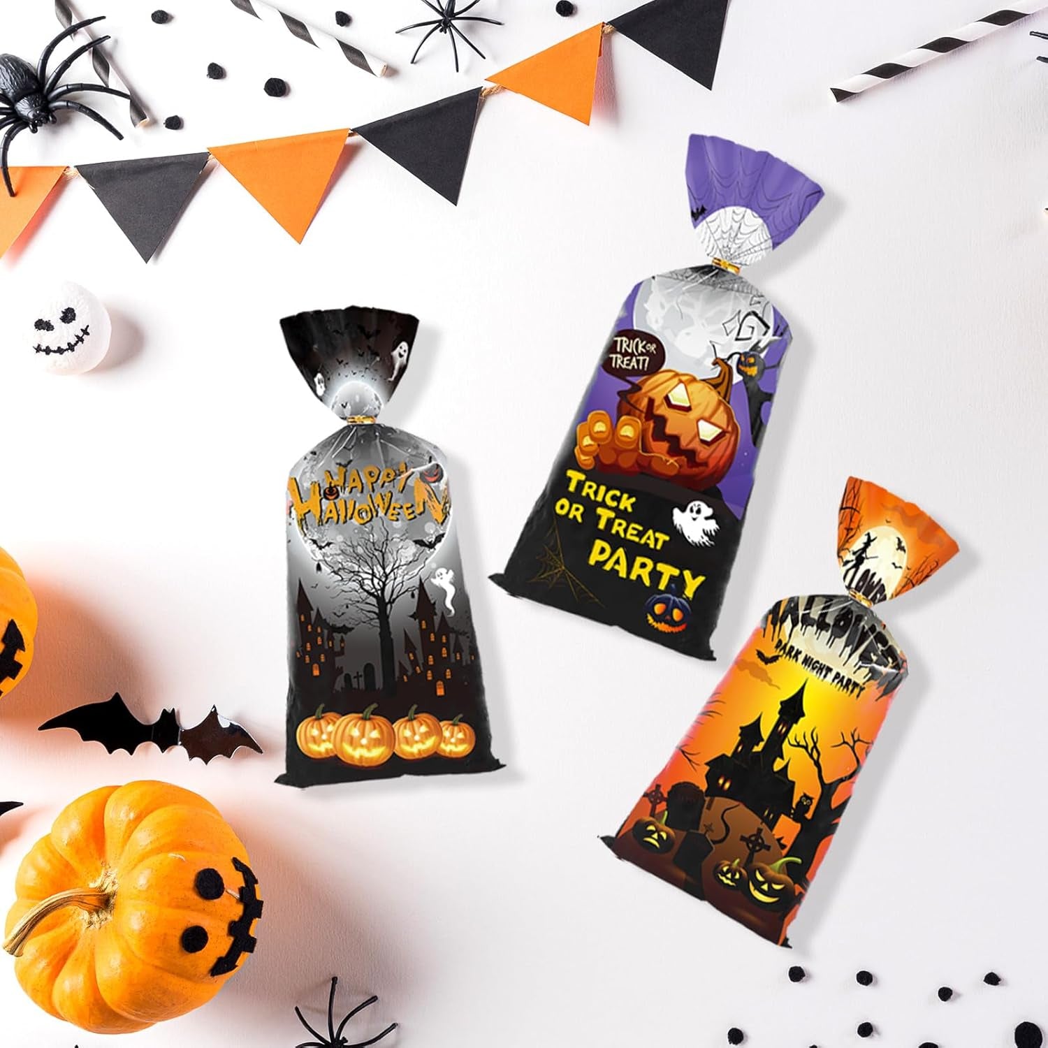 Halloween Treat Bags | 50 Pcs Cellophane Bags with Fun Scary Designs | Pumpkins, Witches Cello Bags | Halloween Party Decorations, Spooky Trick or Treat Bags