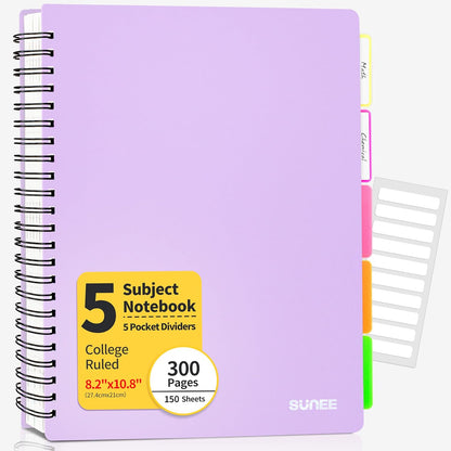 5 Subject Notebook College Ruled - 300 Pages, 8.2"X10.8", 5 Pocket Colored Dividers, 3-Hole Punched Paper, Pink