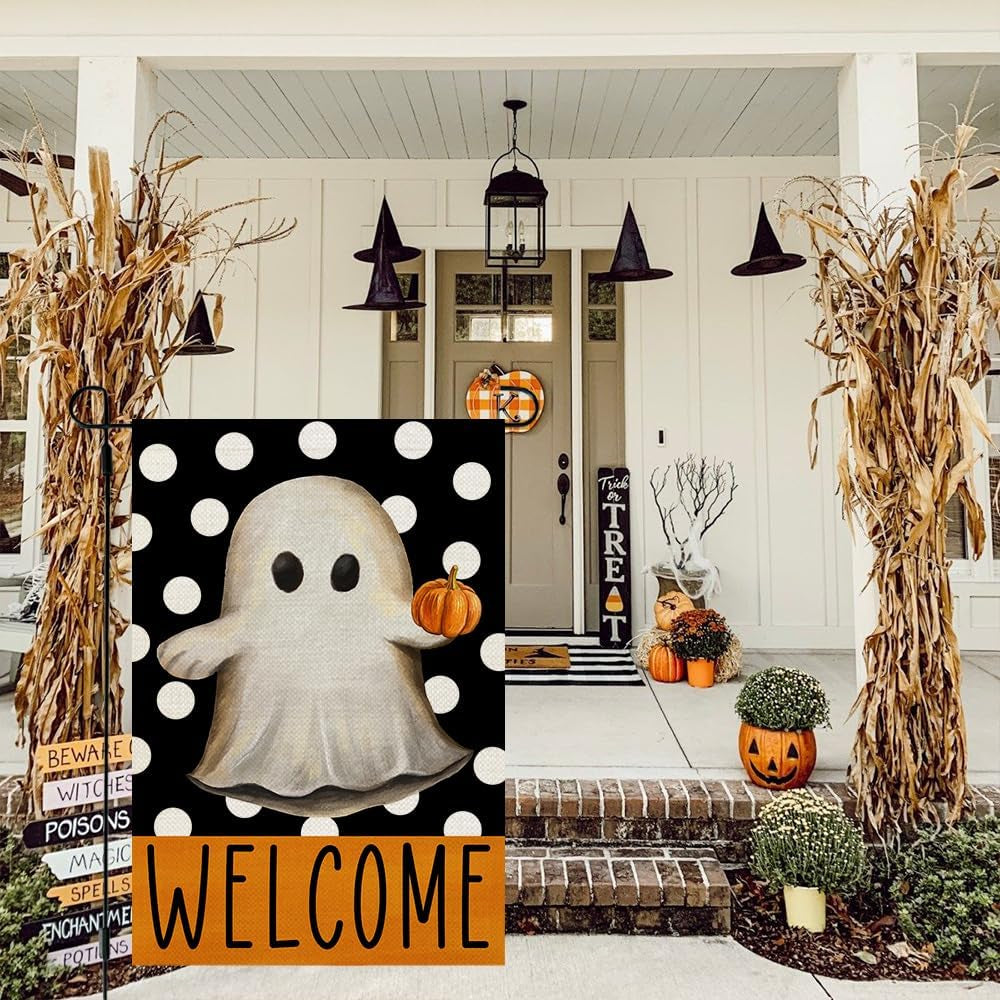 Halloween Ghost Garden Flag 12X18 Inch Double Sided Small Burlap for outside Polka Dots Welcome Holiday Yard Decoration CF1066-12