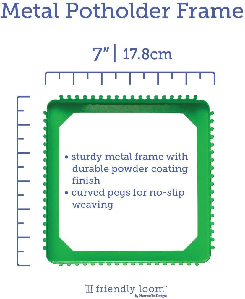 Friendly Loom 7" Potholder Kit Green Metal Loom and Bright Rainbow Color Cotton Loops, Makes 2 Potholders, MADE in the USA by .