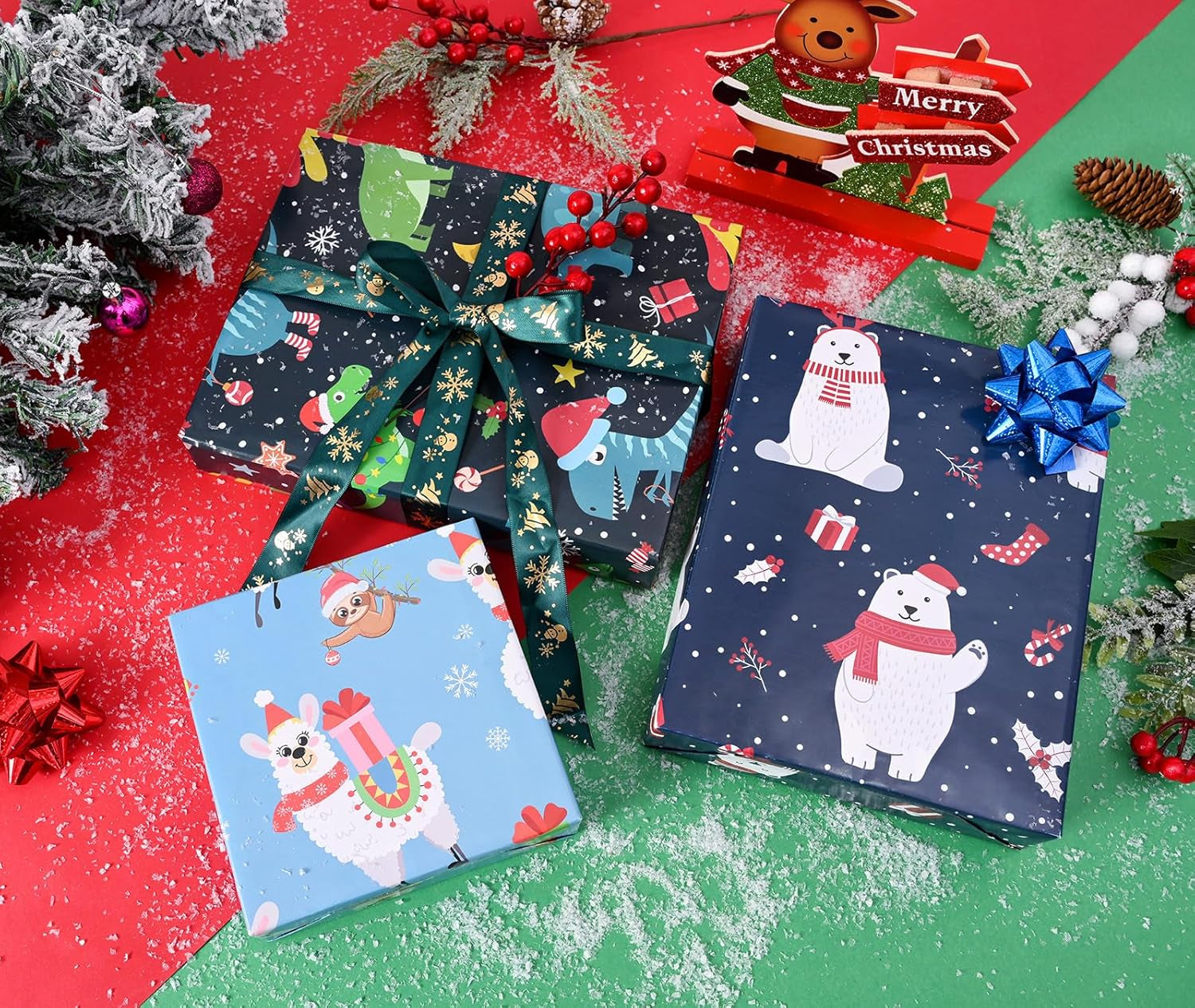 Christmas Wrapping Paper for Kids Boys Girls 6 Large Sheet Gift Wrapping Paper Xmas Holiday Gift Wrap Paper Christmas Decorations Pattern Dinosaur, Bear, Llama, Sloth Folded Flat 27 * 37Inch