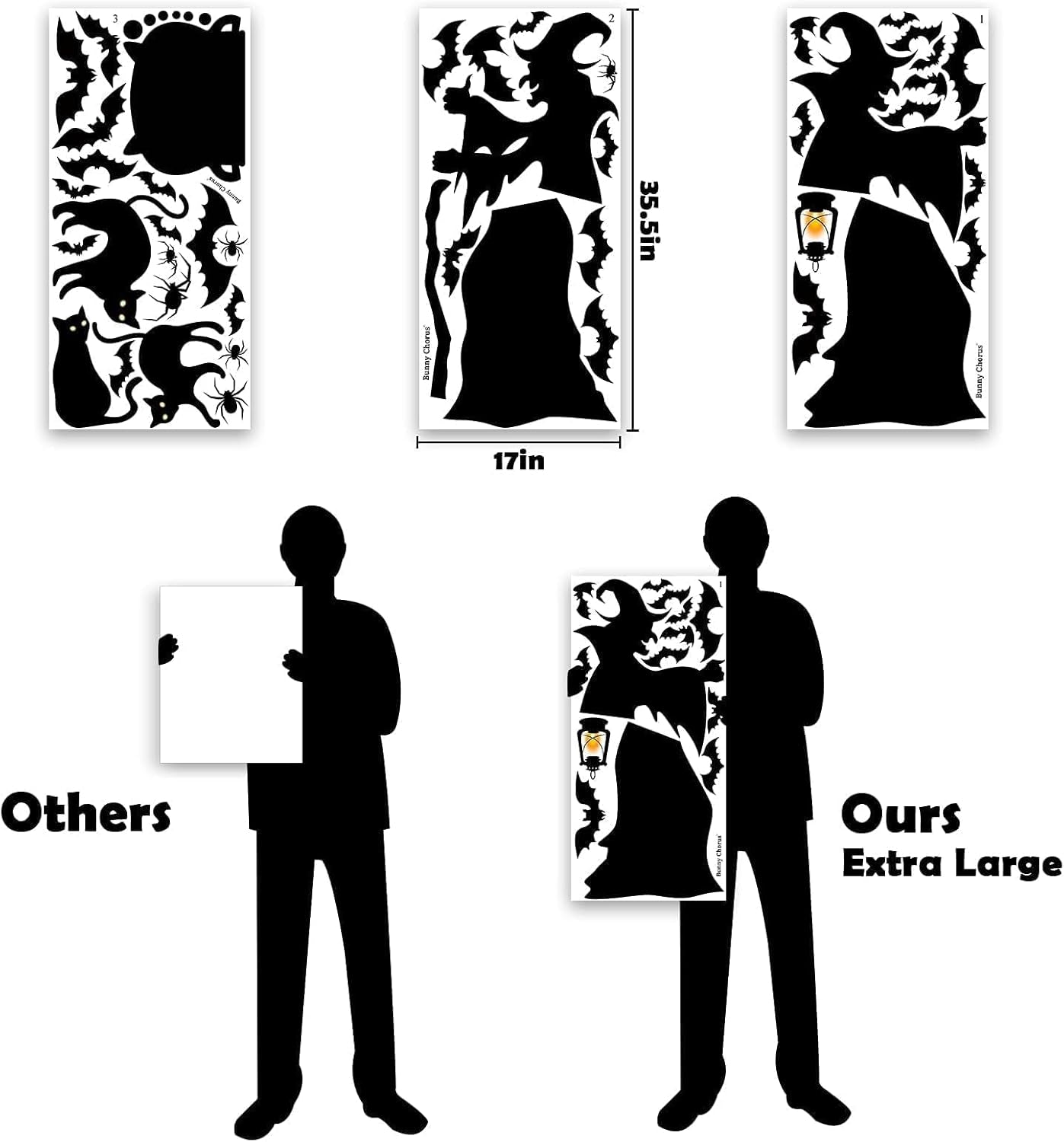 Halloween Decorations Window Clings Decor, Extra Large Witches with Black Cat Bats Spider Cauldron Silhouette Halloween Window Stickers Decals Indoor Outdoor, School Home Office Party, 3 Sheets