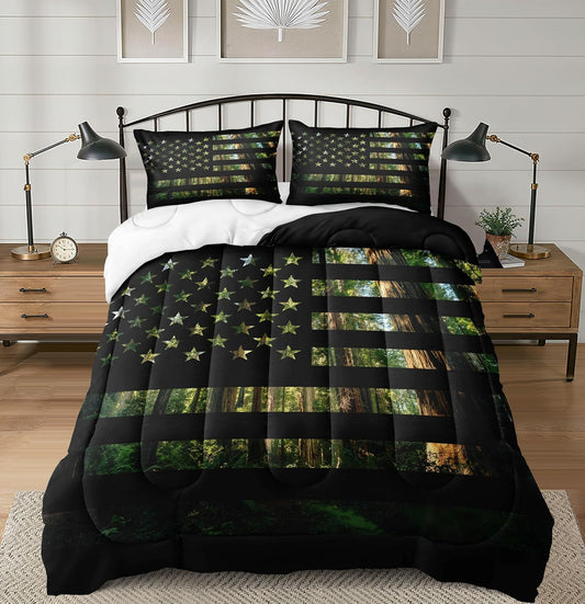 American Flag Comforter Set Queen Size Green Black Bedding Set Stars Stripes Geometric Pattern Green Camouflage Camo Farmhouse Western Bed Comforter Set for Boys Teens