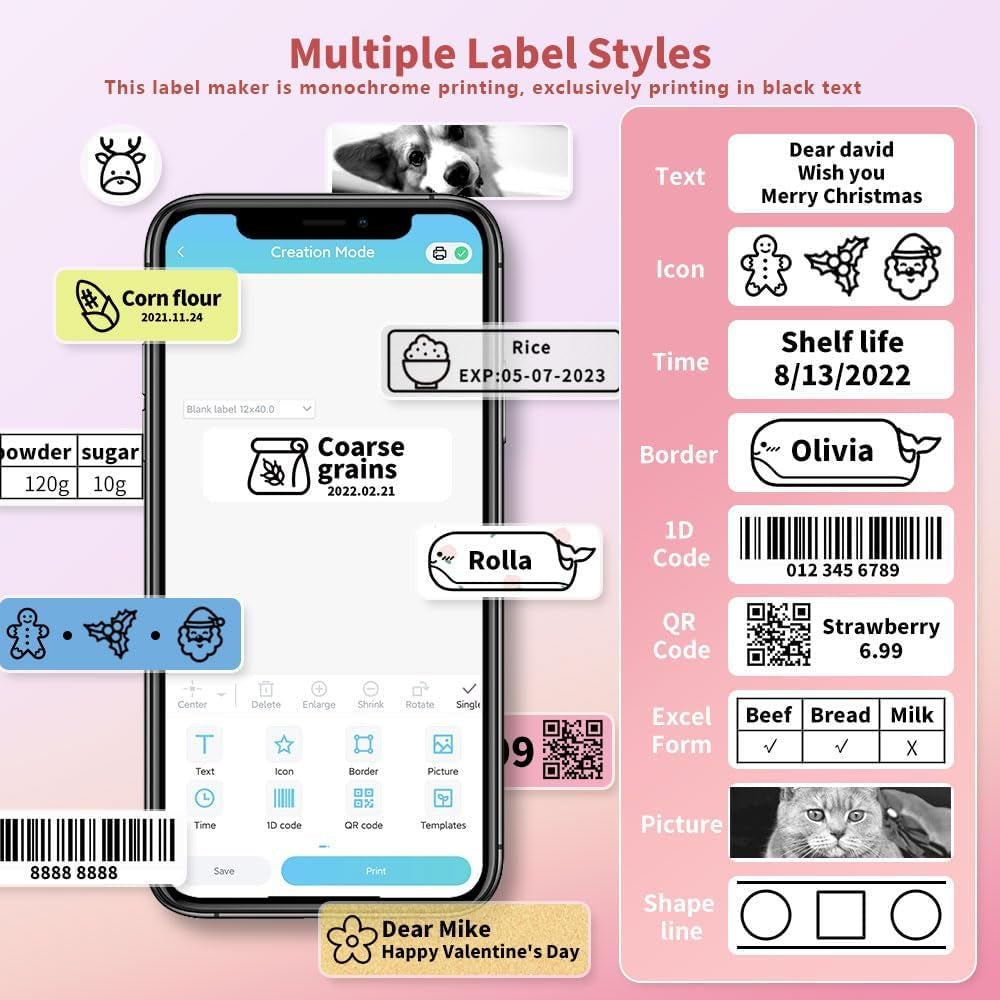 Label Maker Machine, D30 Portable Handheld Bluetooth Mini Label Maker Printer, Multiple Templates for Smartphone Thermal Small Label Maker Rechargeable Easy to Use for Home Office School