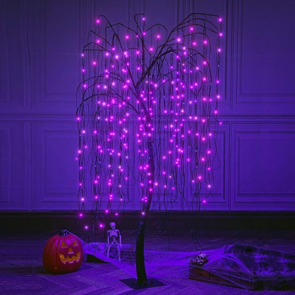 7 Feet Halloween Willow Tree with Spiders, 256 LED Lights for Home, Festival,Nativity, Party, and Christmas Decoration,Indoor Outdoor Use, Purple