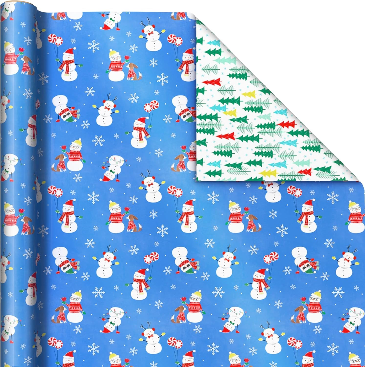 Reversible Christmas Wrapping Paper for Kids (3 Rolls: 120 Sq. Ft. Total) Snowmen, Stripes, Trees, Skiing Santa, Zebras, Hedgehogs, Penguins