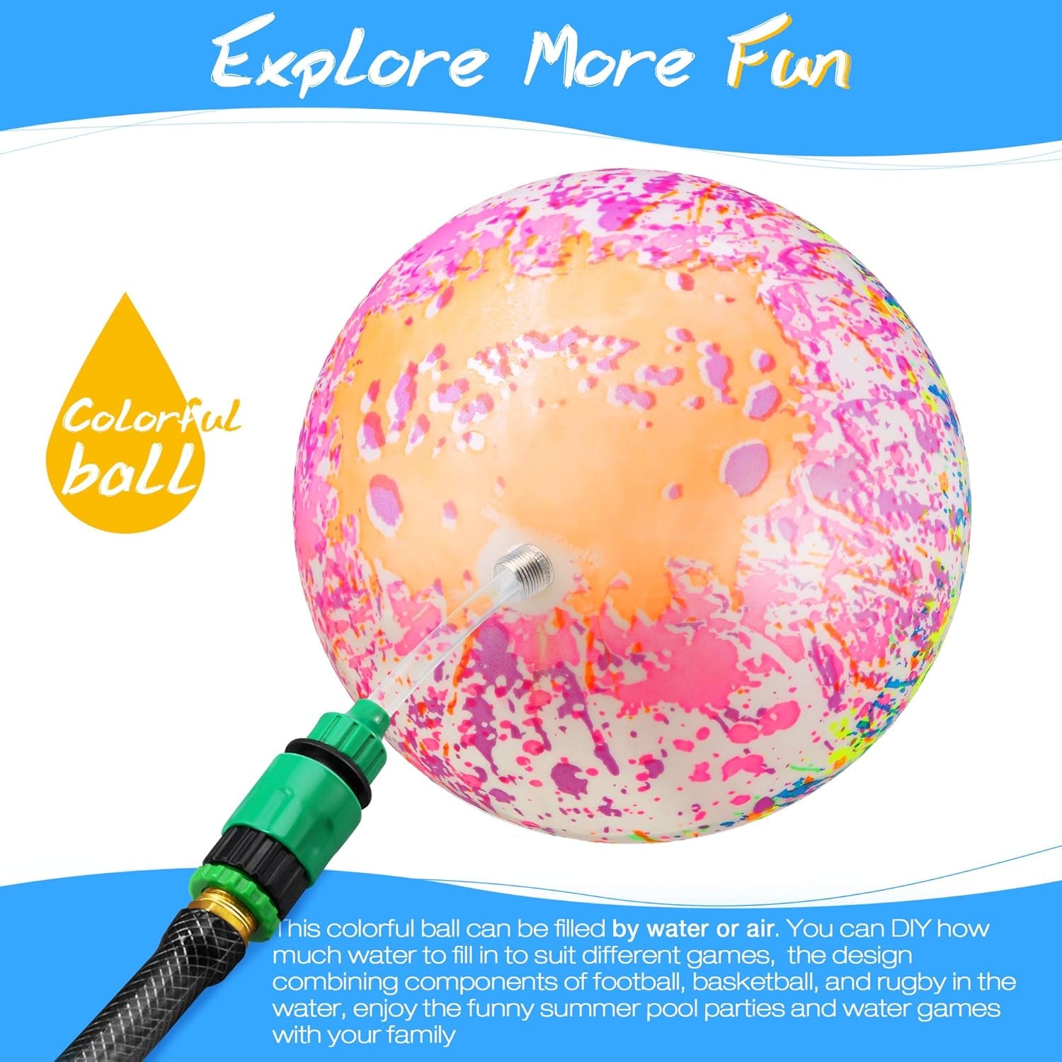 Swimming Pool Diving Balls Underwater, Pools Toys Ball with Water Filling Adapter for under Water Passing, Dribbling, Diving and Pool Games for Teens, Adults (Water Color Style)