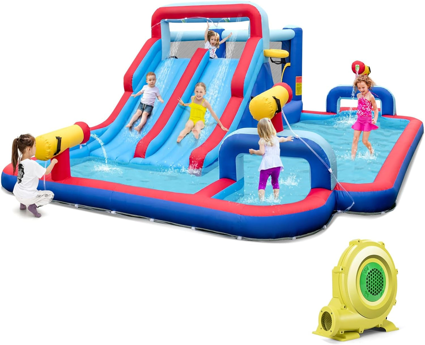 Inflatable Water Slide, 8 in 1 Mega Waterslide Park Bounce House for Outdoor Fun W/735W Blower, Long Slide, Splash Pool, Water Slides Inflatables for Kids and Adults Backyard Party Gifts