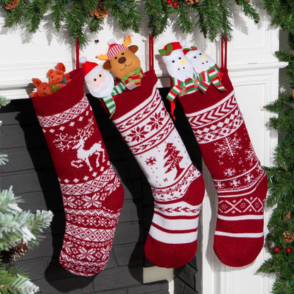 3 Pack 18” Knit Christmas Stockings, Reindeer/Christmas Tree/Snow Flakes Knitted Stocking Decorations for Holiday Tree Decor