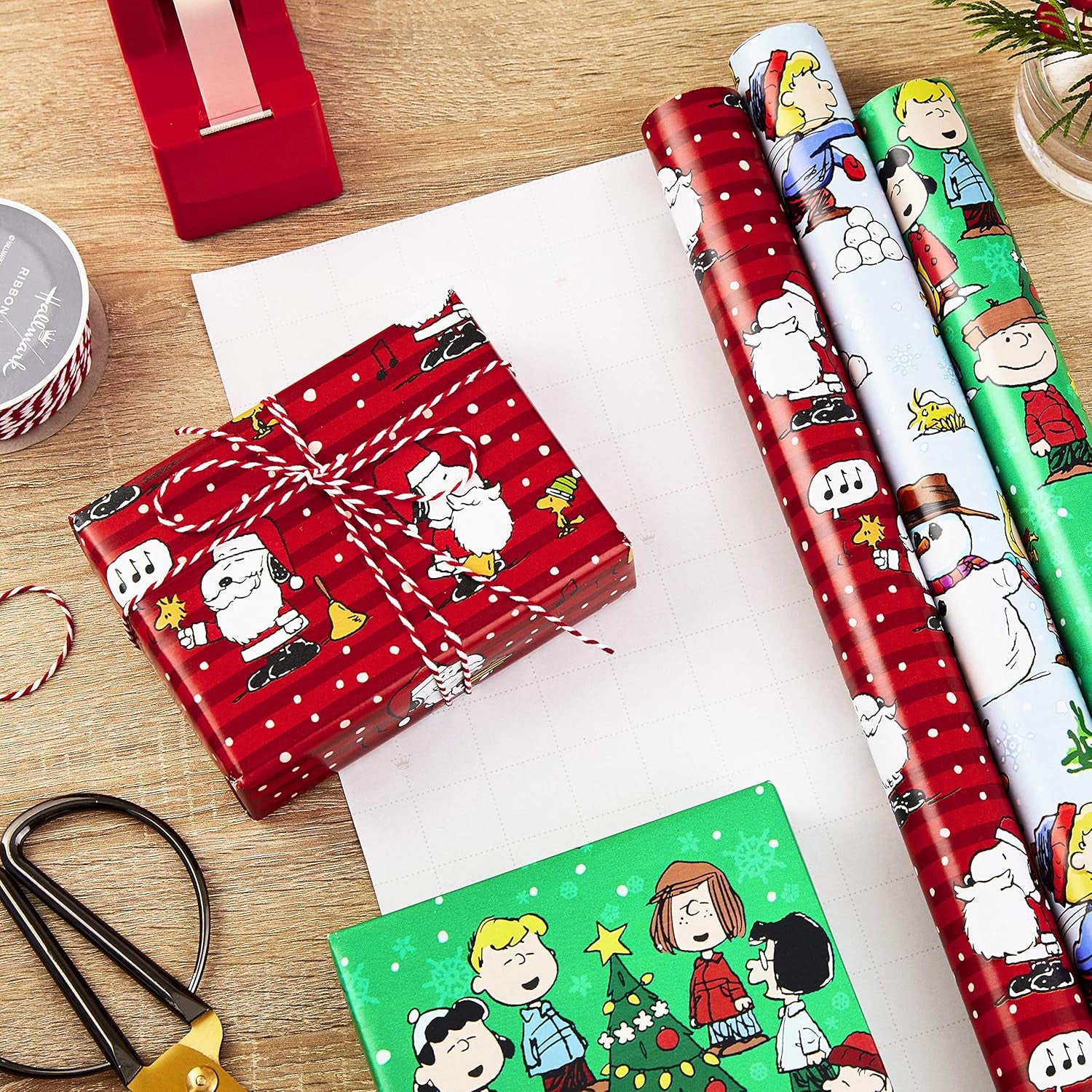 Christmas Peanuts Wrapping Paper with Cut Lines on Reverse (Pack of 3, 105 Sq. Ft. Ttl) Snoopy, Charlie Brown, Woodstock (5JXW1036)