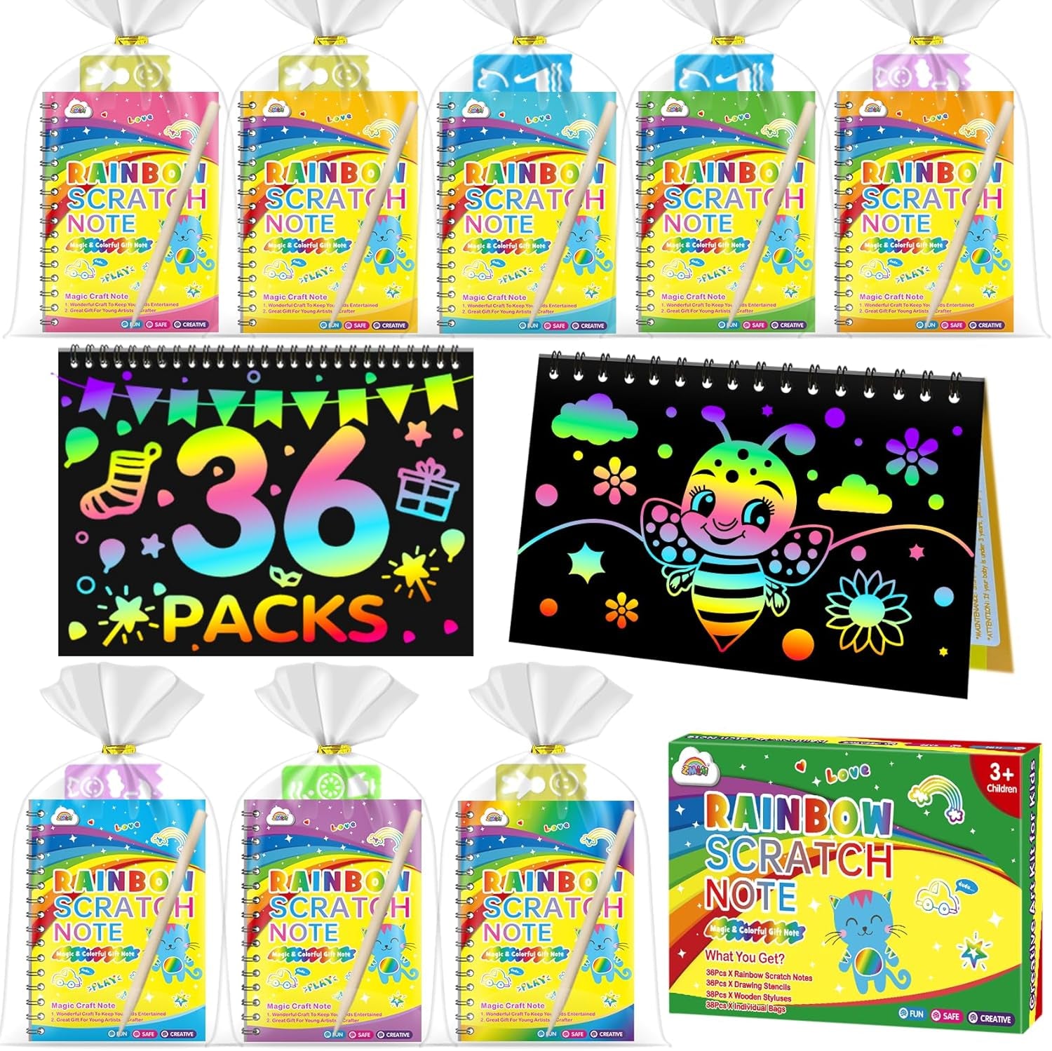 Rainbow Scratch Party Favors Kids: Birthday Gifts Toy Bulk Scratch Art Notebook 36 Pack Scratch Paper Birthday Party Favor Girls Boys Art Craft Kit Scratch Pads Classroom Prizes