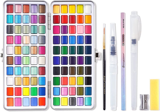 Watercolor Paint Set, 100 Colors in Metal Gift Box, Including Vivid, Metallic, Pearlescent and Fluorescent Colors, Travel Watercolor Set with Brush Pen for Kids Adults (100 COLORS)