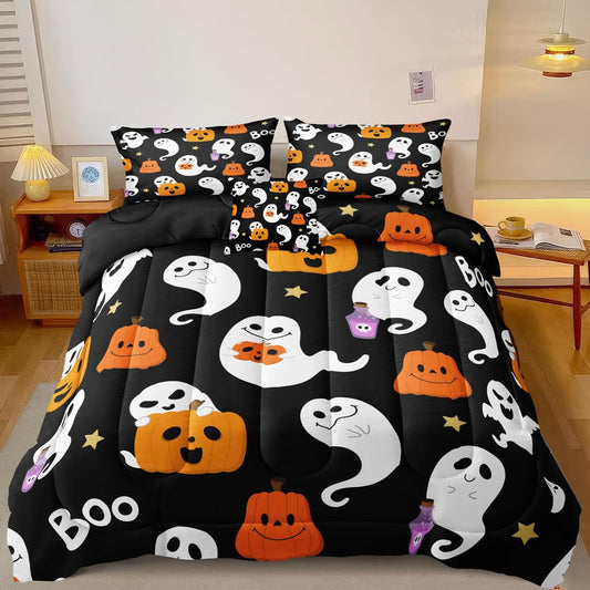 Halloween Comforter Set King Pumpkin Comforter Set Girls Boys Kids Halloween Pumpkin Bedding Set White Ghost and Cute Pumpkin Printed Pattern Halloween Festival Comforter Set