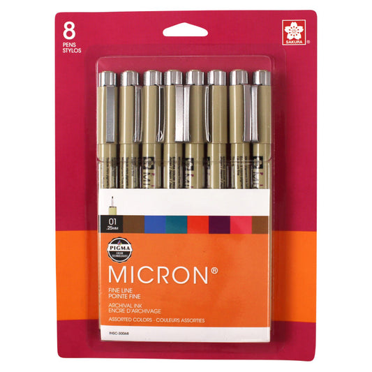 Pigma Micron Pens, Size 01, Assorted Colors, 8-Piece Set, Blister Card