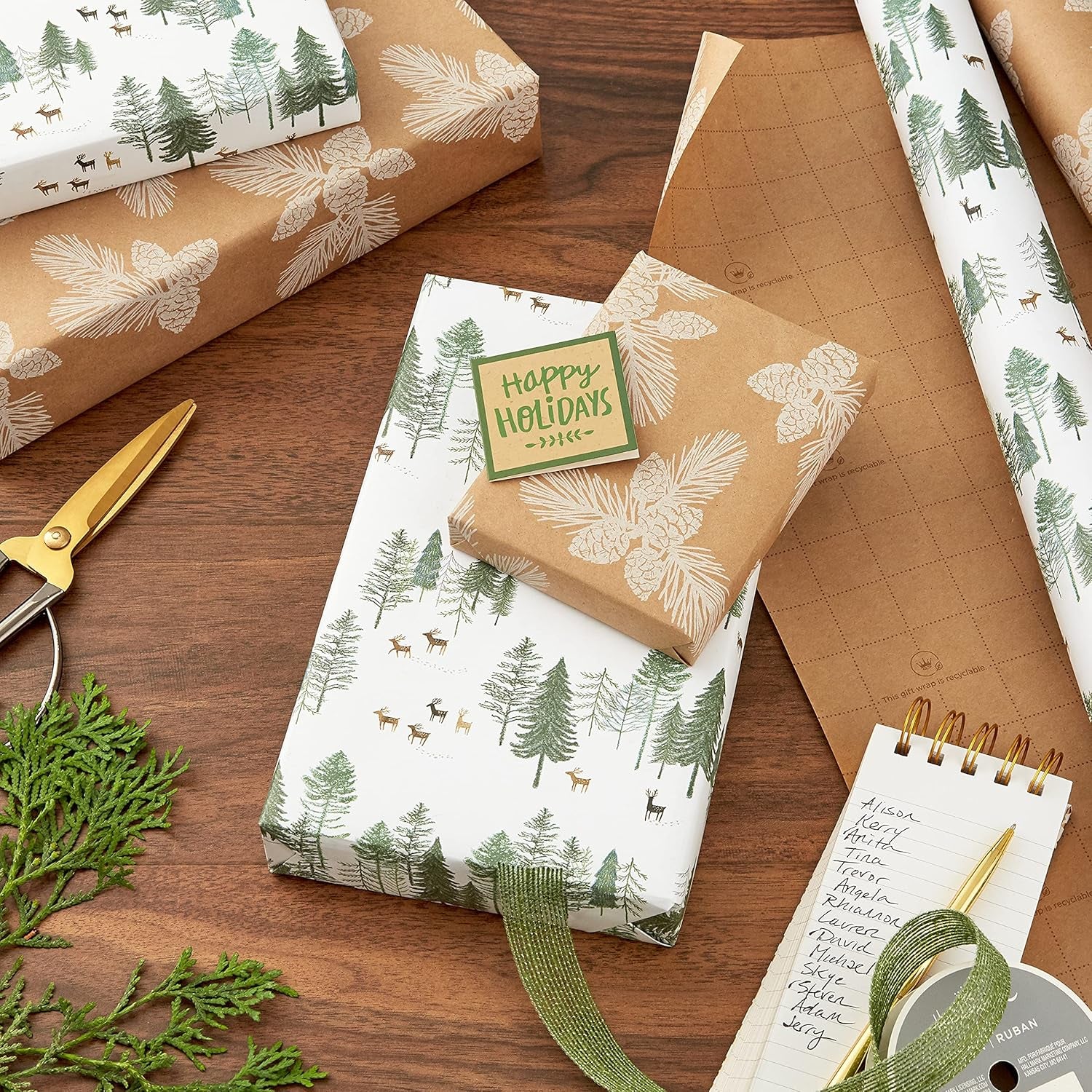 Christmas Wrapping Paper Rolls - Green Trees, White Pine Cones on Recyclable Brown Kraft Gift Wrap Paper (Set of 2 Rolls: 150 Sq. Ft. Ttl.) for Holiday Parties, Winter Weddings