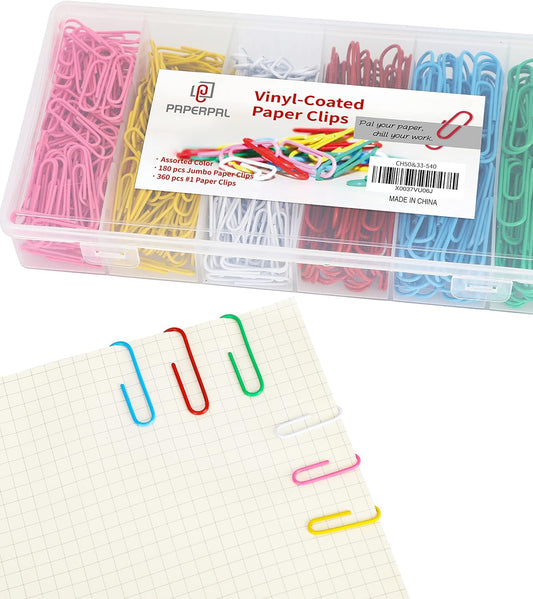 Colorful Vinyl Coated Paper Clips, 540 Paperclips per Box Jumbo & #1 Sizes Assorted Color, Office School & Personal Use, Daily DIY, Large & Medium Size (2" & 1-2/7") Paper Clip, Rainbow Pack