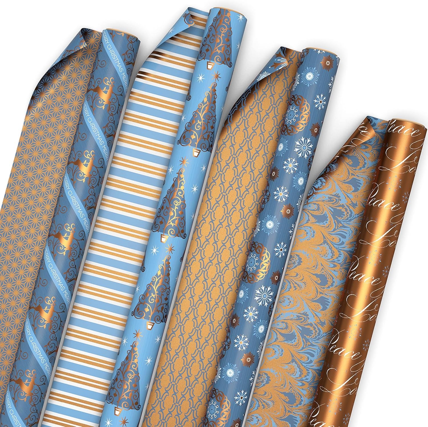 Reversible Christmas Wrapping Paper Bundle, Elegant Blue and Gold (4 Rolls: 150 Sq. Ft. Ttl.) Dark Blue, Gold, Teal Snowflakes, Peace, Stripes, Geometric