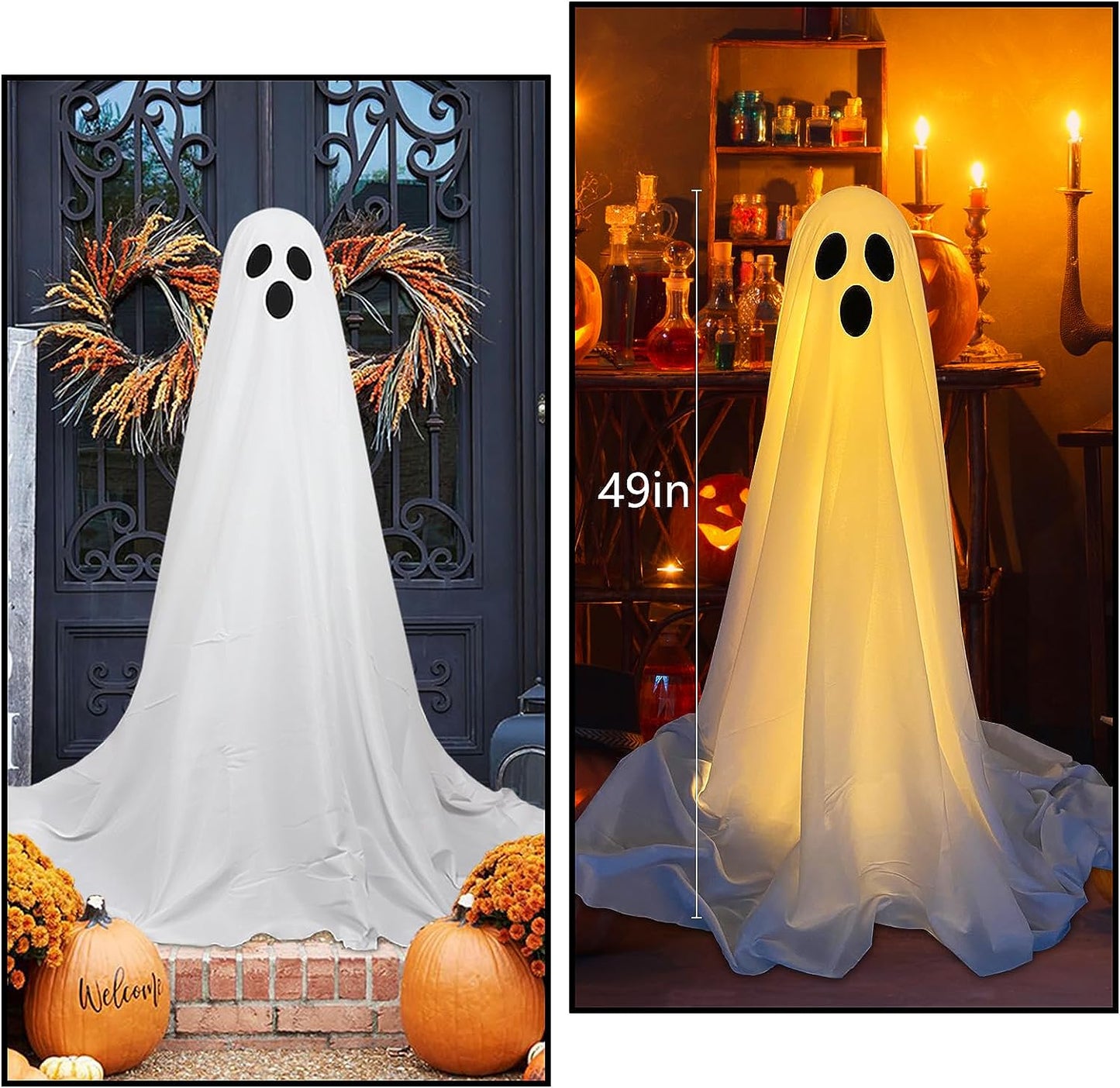 2 Packs Halloween Decorations Outdoor, Spooky Ghost Halloween Decor with String Lights Battery Operated, Easy to Assemble Ghost Decorations for Front Porch Yard