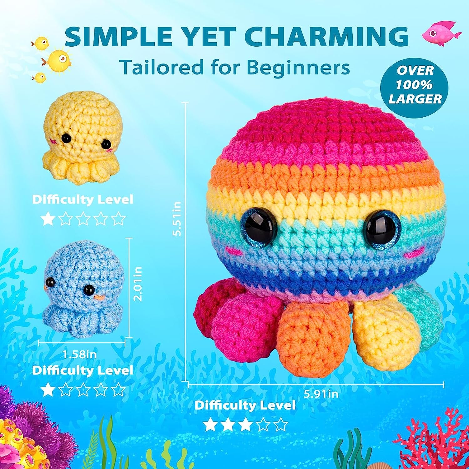 Crochet Kit for Beginners, Crochet Kit Step-By-Step Video Tutorials, Crochet Starter Kit Learn to Crochet Kits for Adults Kids Beginners, Jumbo 3 Colorful Octopus Familly (40%+ Yarn Content)