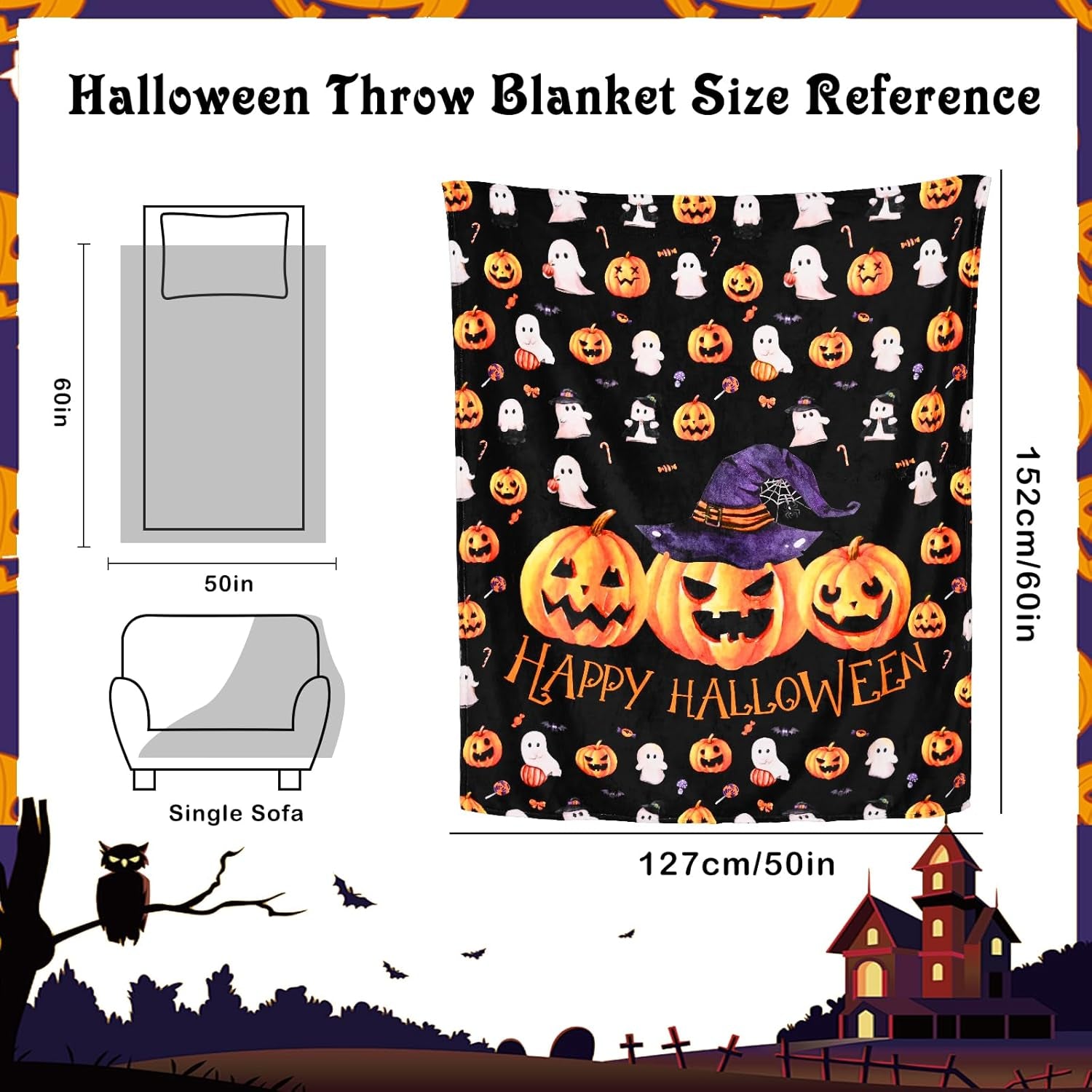 Halloween Throw Blanket Cute Pumpkin Black Blanket Halloween Blanket Flannel Throw Blanket for Couch Super Soft Cozy Comfy for Chair, Bed, Sofa, 50X60 In