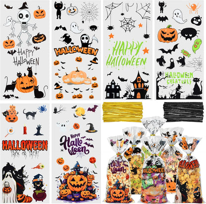 150 Pcs Halloween Cellophane Treat Bags, Halloween Trick or Treat Goodie Bags with 170 Pcs Twists for Snacks Cookies Packing (10.8 X 4.9 Inches)