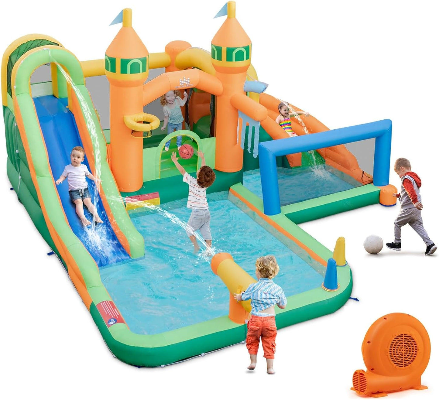 Inflatable Water Slide Park, 9 in 1 Mega Waterslide Bounce House for Outdoor W/Dual Slides, Giant Splash Pool, 735W Blower, Water Slides Inflatables for Kids and Adults Backyard Party Gifts