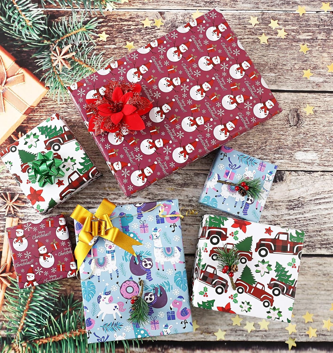 Christmas Gift Wrapping Paper Large Sheet for Kids Boys Girls Baby Women Men Xmas Wrapping Paper 3Style Christmas Sloth Llama Santa Snowman Tree Truck Car Gift Wrap Paper (27*39.4Inch