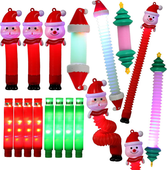 16 Pcs Christmas LED Light up Tubes Toys Sensory Fidget Stretch Tubes Santa Snowman Glow Tubes Pull and Stretch Toys for Christmas Party Favors, Goodie Bag Stuffers