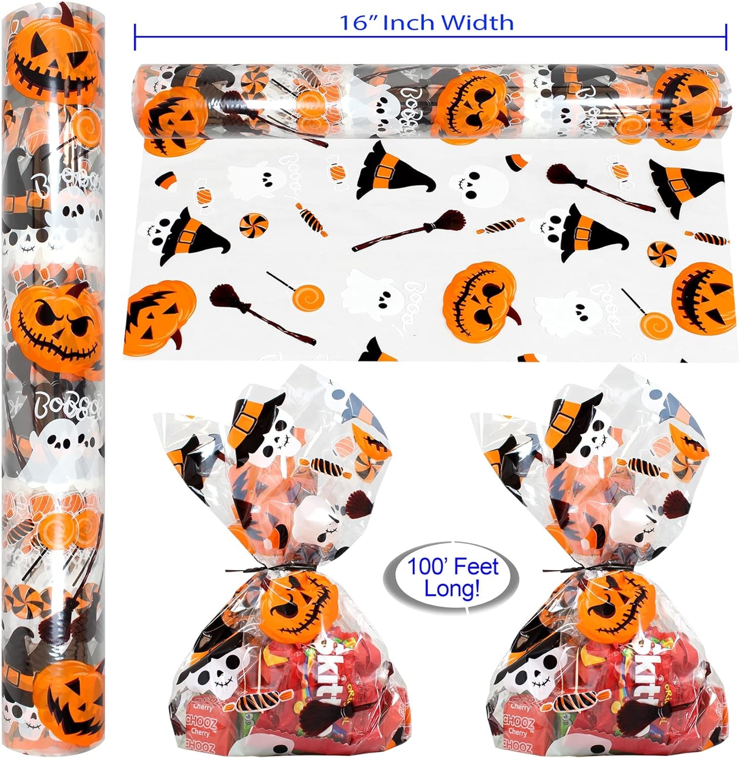 Halloween Cellophane Wrap Roll | 100’ Ft Long X 16” In. Wide | 2.3 Mil Thick, Crystal Clear with Halloween Designs| Gifts, Baskets, Treats Cello Wrapping Paper | Pumpkin, Witches Cello Roll