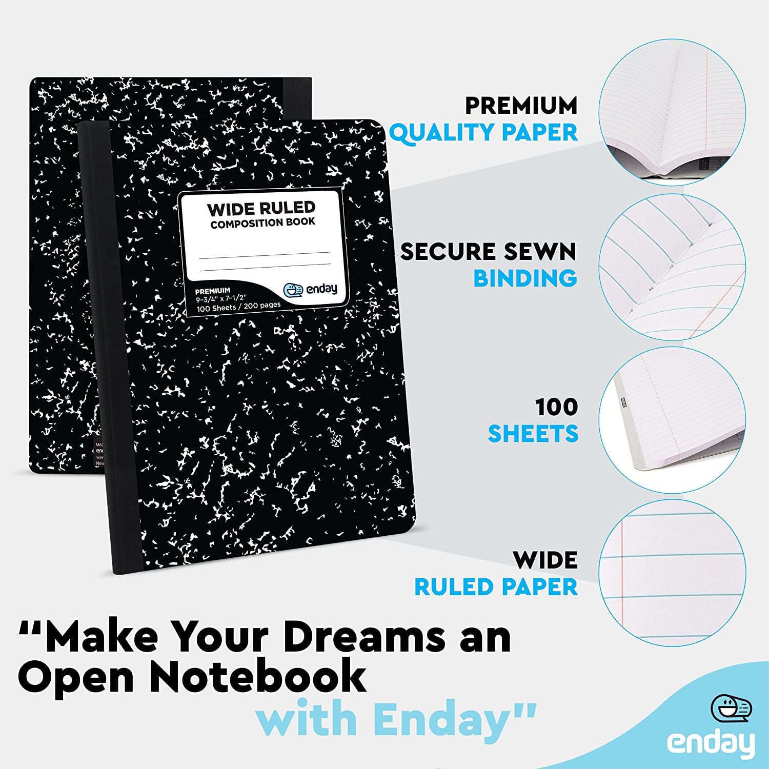 Marble Composition Notebook Wide Ruled Black and White Composition Books 100 Sheets (2 Pack)