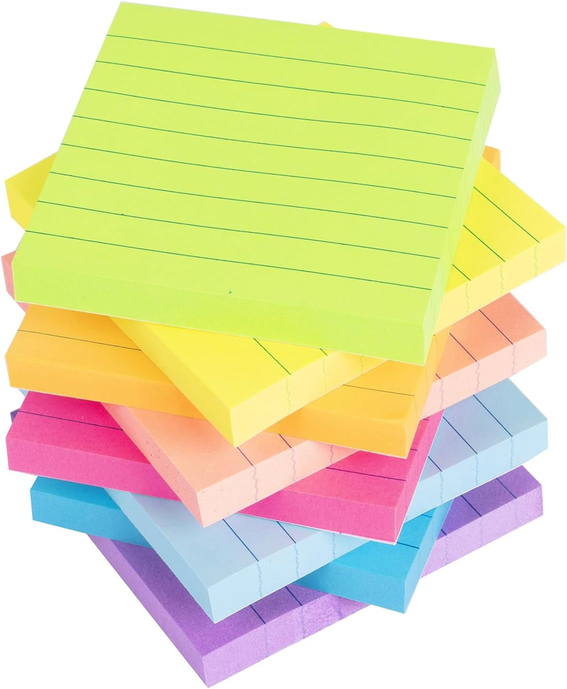 Lined Sticky Notes 3X3 in Bright Ruled Post Stickies Colorful Super Sticking Power Memo Pads, 82 Sheets/Pad, 8 Pads/Pack