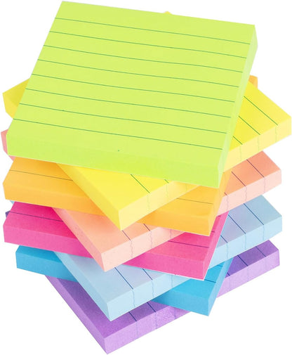 Lined Sticky Notes 3X3 in Bright Ruled Post Stickies Colorful Super Sticking Power Memo Pads, 82 Sheets/Pad, 8 Pads/Pack