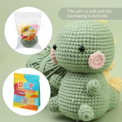 Beginners Crochet Kit, Crochet Animal Kit, Knitting Kit with Yarn, Polyester Fiber, Crochet Hooks, Step-By-Step Instructions Video, Crochet Starter Kit for Beginner DIY Craft Art (Dinosaur)