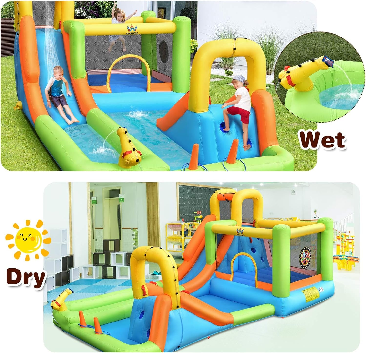 Inflatable Water Slide, 8 in 1 Mega Waterslide Park Bounce House for Outdoor Fun W/735W Blower, Long Slide, Splash Pool, Water Slides Inflatables for Kids and Adults Backyard Party Gifts