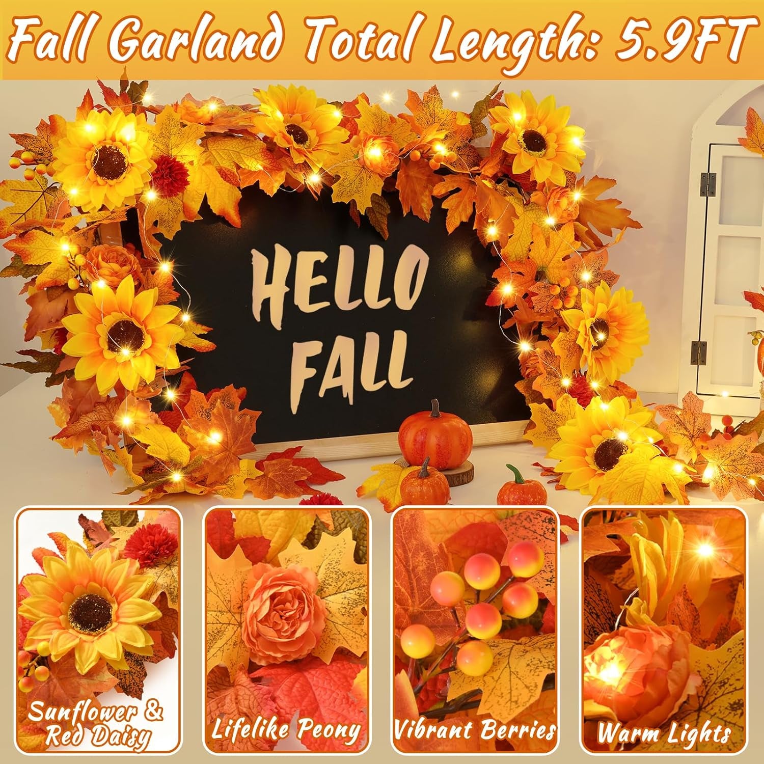 Fall Decor Fall Garland, 5.9 Ft/Piece Fall Garland for Mantle, Fall Garland with Lights Sunflower Maple Leaves Peony Marigold for Home Indoor Outdoor Decor