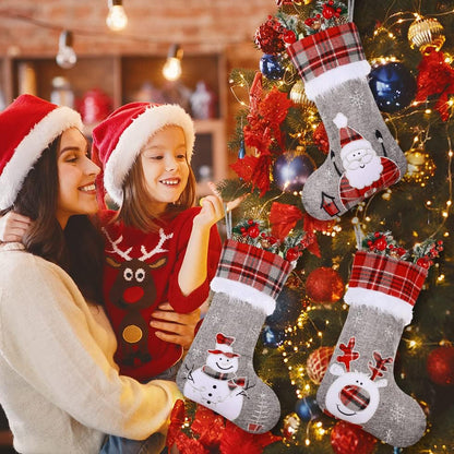 Burlap Christmas Stockings 3 Pack, 18" Red/Grey Buffalo Plaid Embroidered Cute Santa Snowman Reindeer Plush Large Hanging Stockings for Christmas Decorations Ornaments Gifts Stuffers Bag Clearance