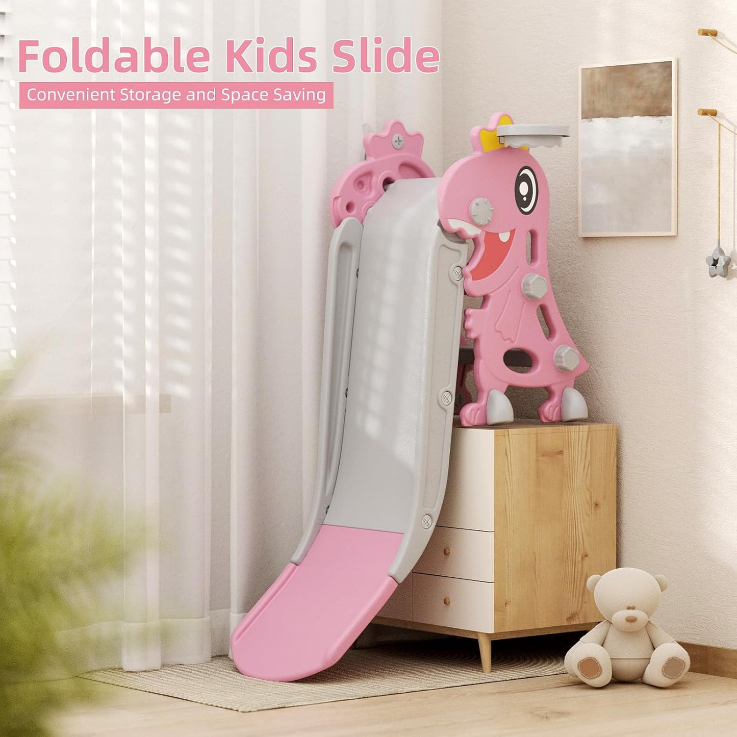 Toddler Slide, 4 in 1 Foldable Indoor Slide for Toddlers Age 1-3, Indoor and Outdoor Playground, Toddler Climber Playset with Basketball Hoop and Ring Toss (Pink)