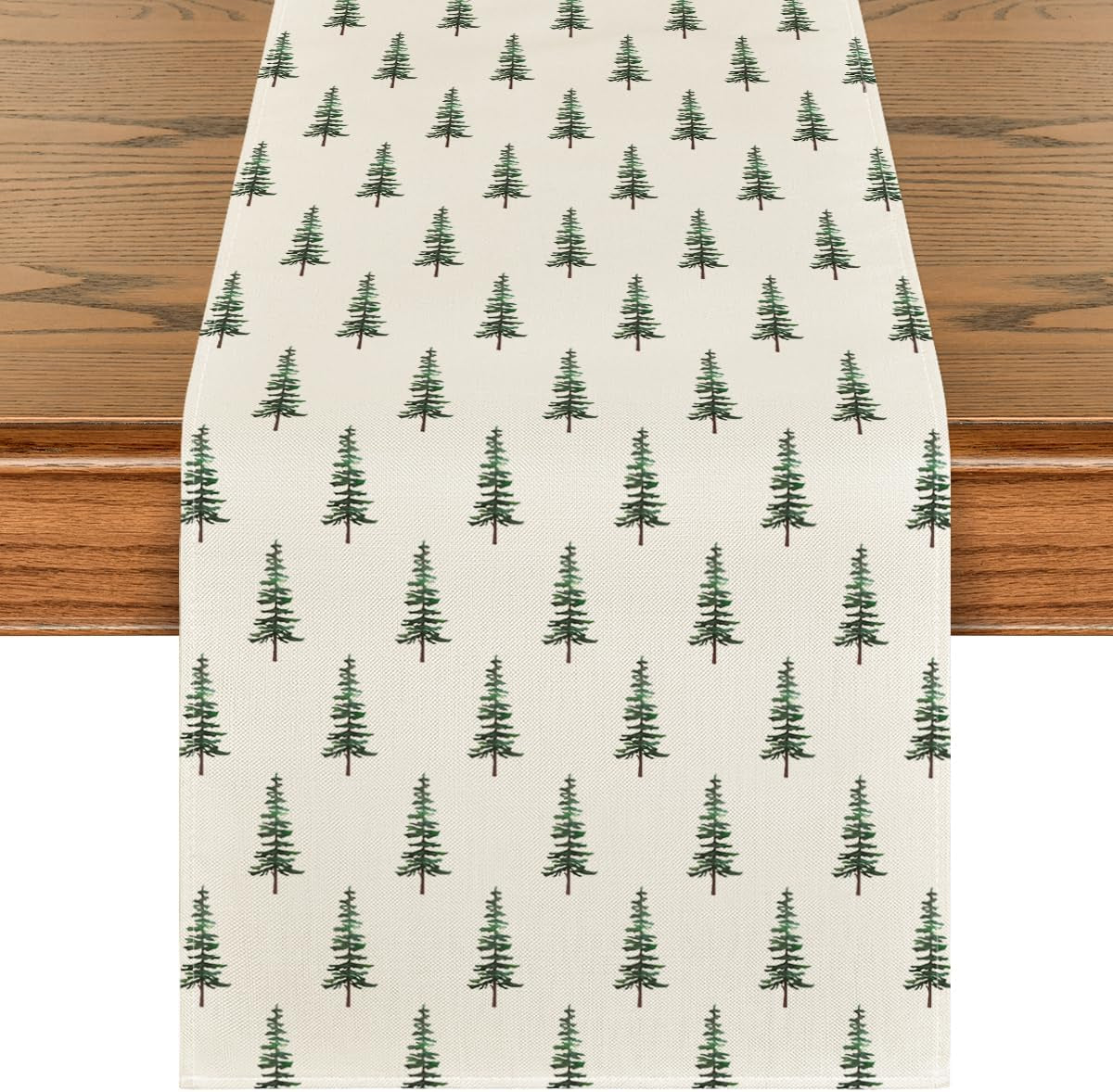 Beige Xmas Tree Christmas Table Runner, Seasonal Winter Kitchen Dining Table Decoration for Home Party Decor 13X72 Inch