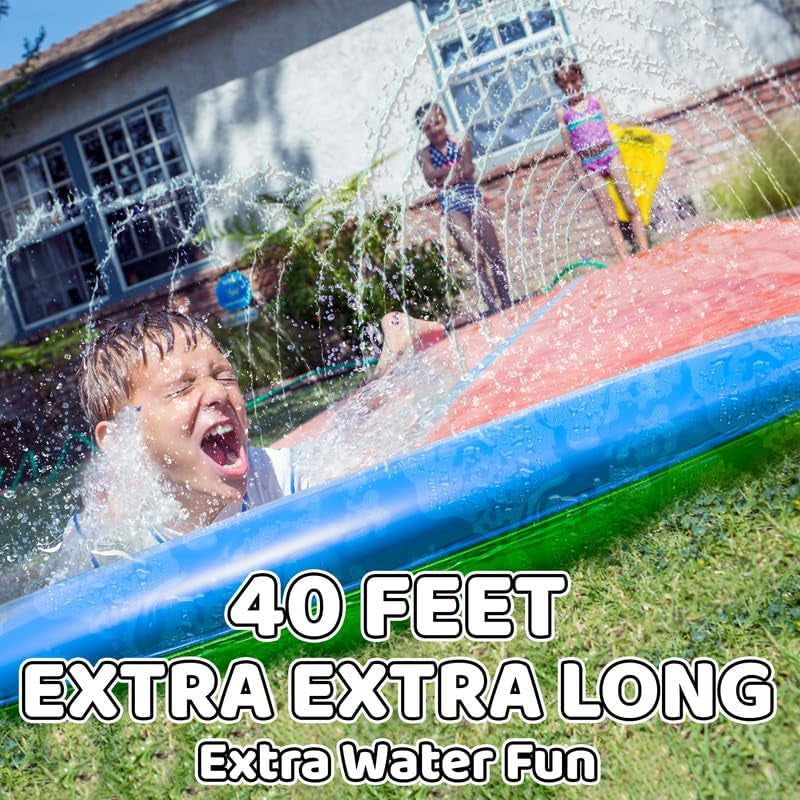 40 Ft 3XL Slip Splash and Slide with Inflatable Crash Pad (Double Lane, 40Ft 3XL Mega Slide), Heavy Duty Water Slide Splash Mat Outdoor Water Sprinkler