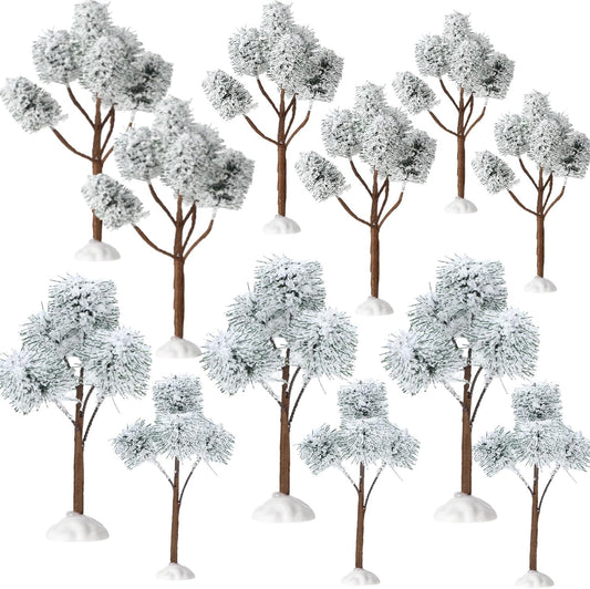 12 Pieces Christmas Tabletop Trees Halloween Village Trees Winter Snow Model Frost Trees Mini Trees Village Trees Christmas Tree Displays for Miniature Scenes Village Displays (Pretty Style)