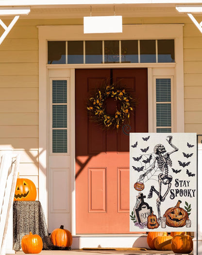 Halloween Garden Flags for outside Decoration, STAY SPOOKY Skeleton with Pumpkin Small Yard Flag for Outdoor Decor 12X18 Inch Vertical Double Sided