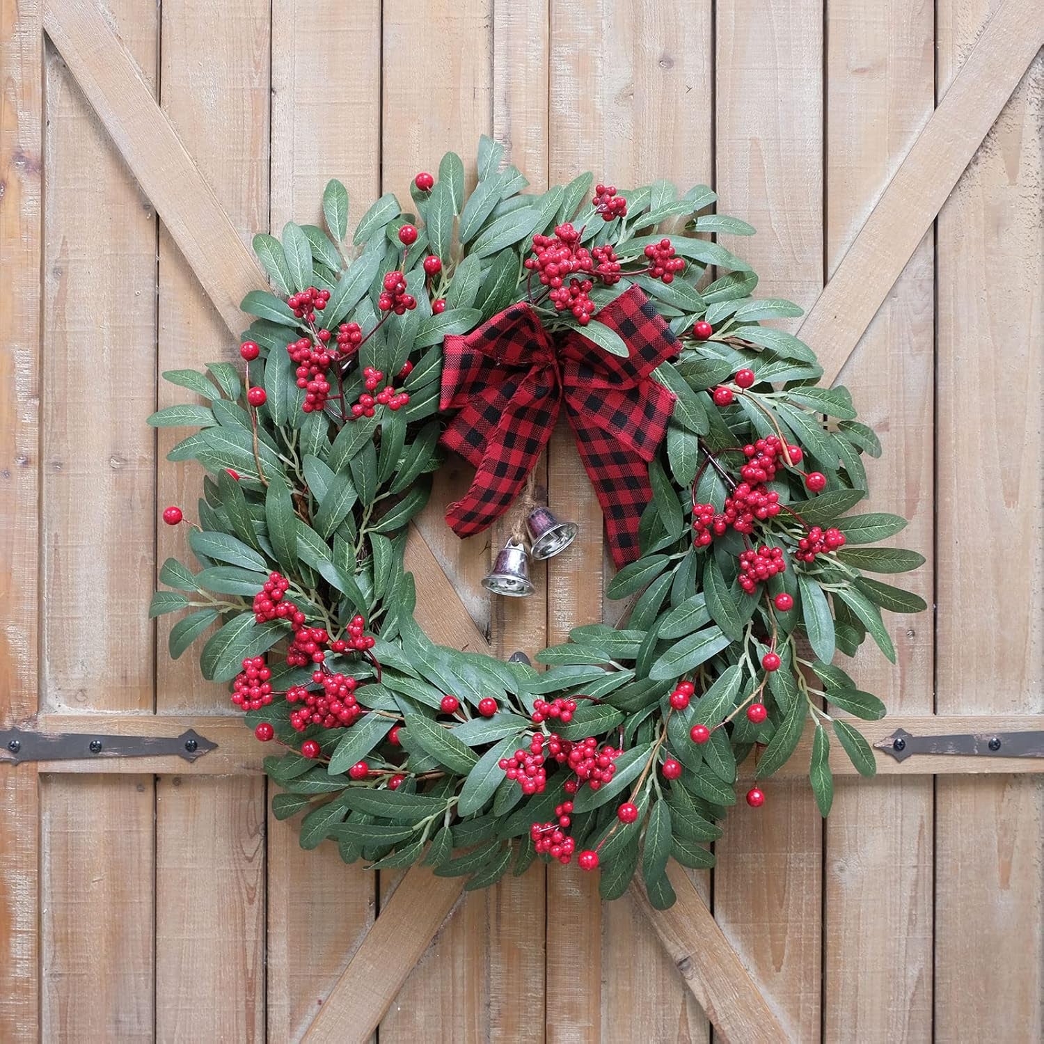 Christmas Olive Wreath for Front Door Christmas Red Berry Wreath, Winter Bowknot Leaves Wreath with Red Berry and Jingle Bell Farmhouse Front Door Wreath