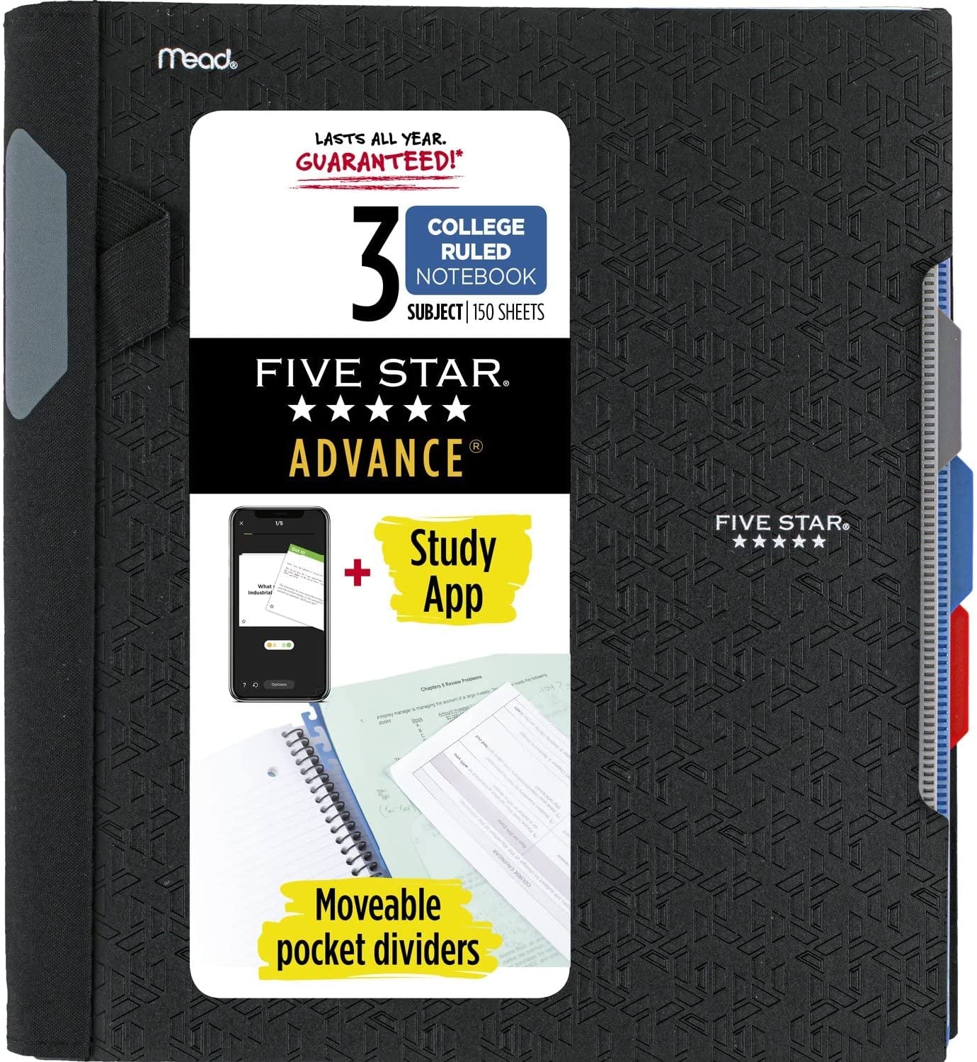 Advance Spiral Notebook + Study App, 3 Subject, College Ruled Paper, 8-1/2" X 11", 150 Sheets, Spiral Guard, Movable Tabbed Dividers and Pockets, Blue (73138)