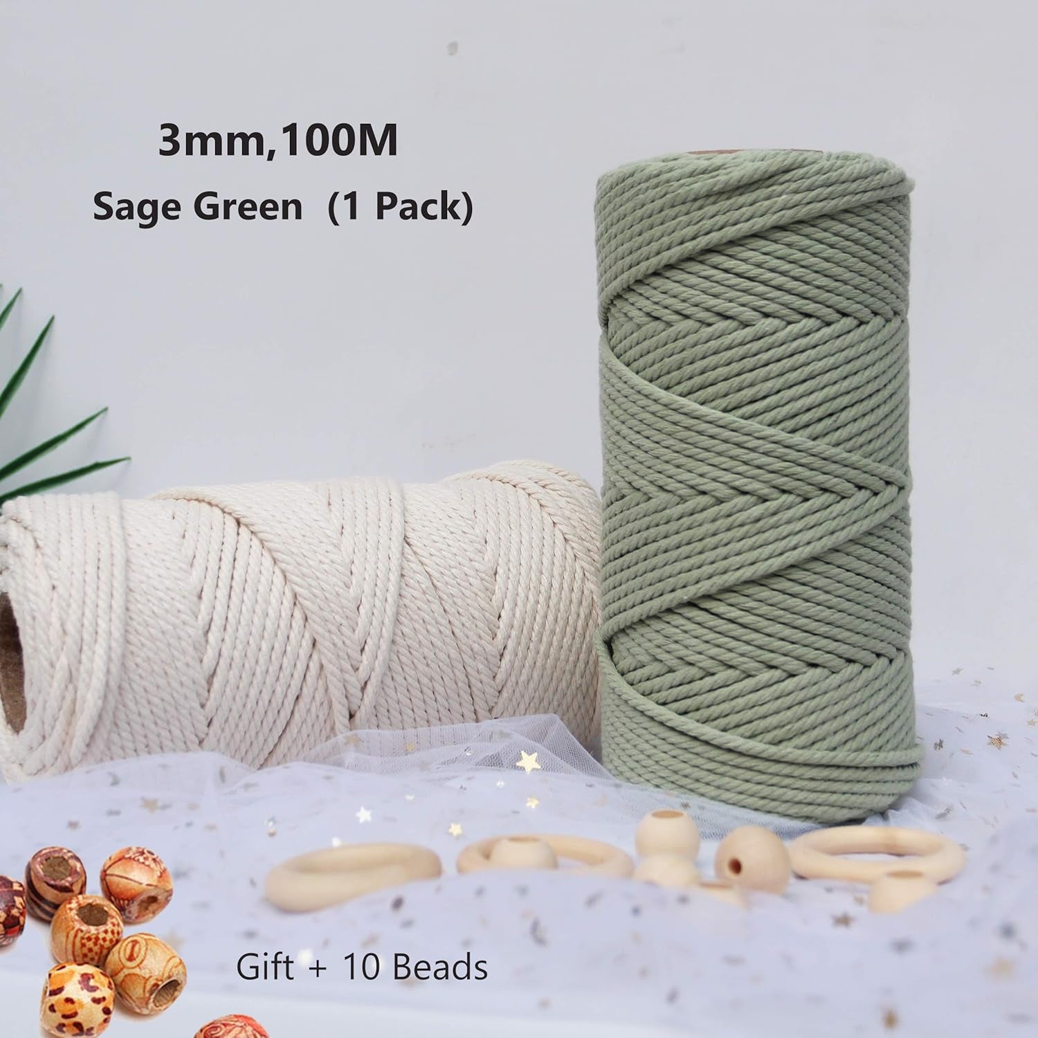 Macrame Cord 3Mm 109 Yards Sage Green 1 Pack,Natural Cotton Rope for Colored Macrame Knitting, 4 Strands Twist Cotton Rope Macrame 3Mm for Beginner Handmade Colored Wall Hanging Weaving Tapestry