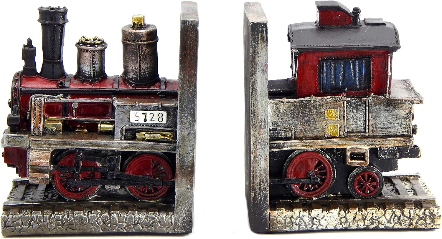 20928 Decorative Bookends Train Steam Locomotive Engine Industrial Car Salon Gear Book Ends Shelves Support Heavy Duty Rustic Vintage Style Noble Express