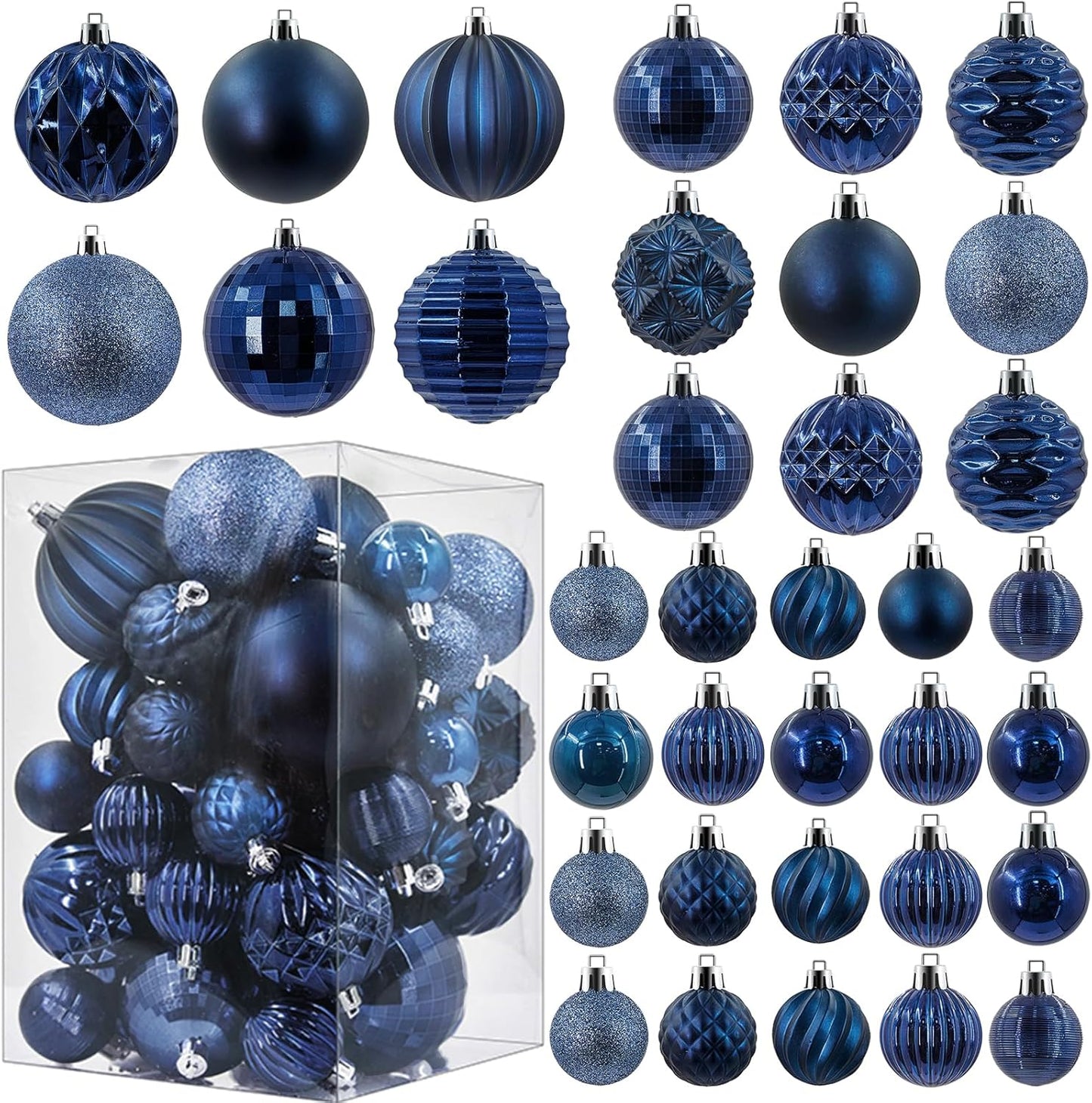 Christmas Ornaments Set of 47, Navy Blue Plastic Shatterproof Christmas Tree Balls Decorations Christmas Hanging Holiday Decor, Multi-Styles and 3 Sizes