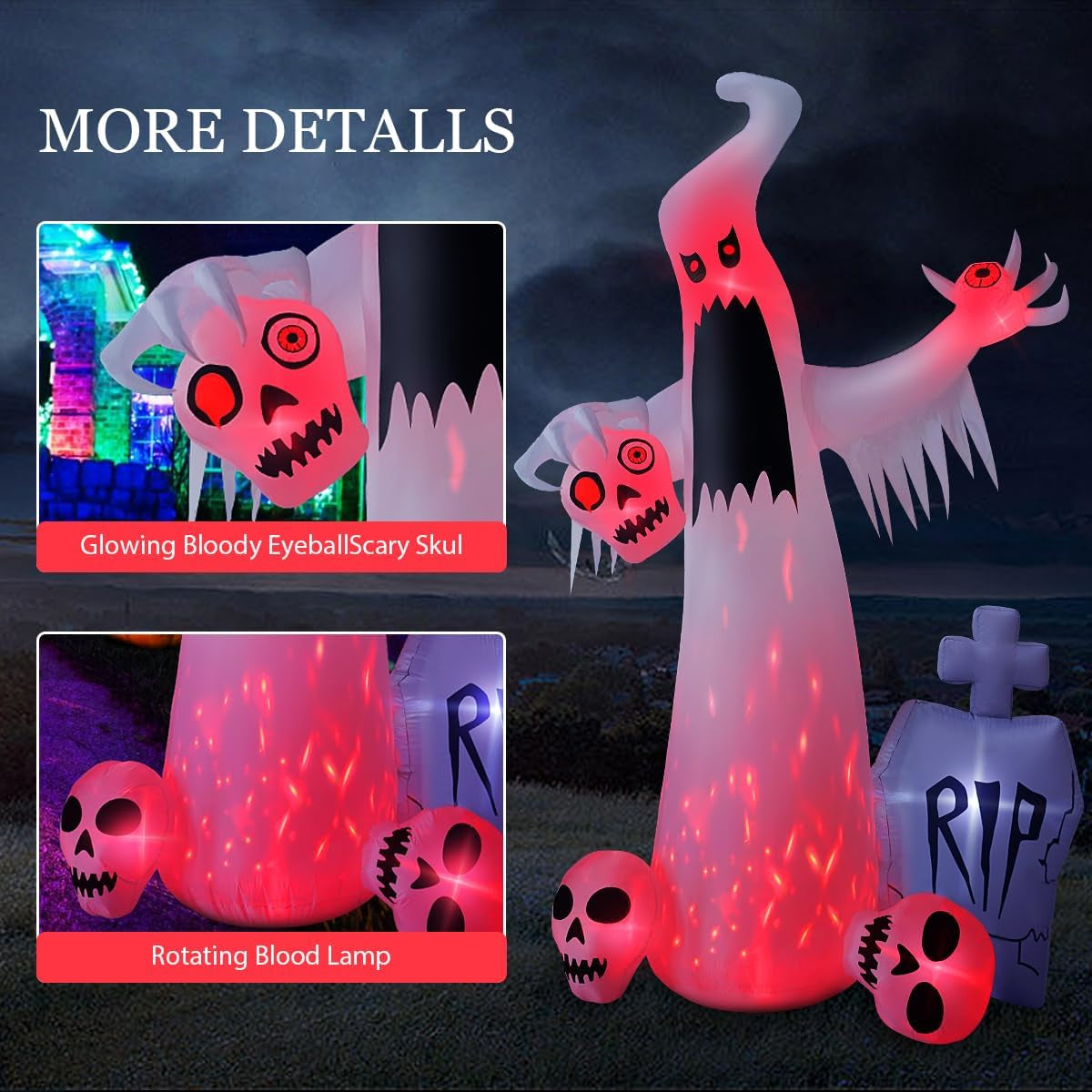 12 FT Halloween Inflatables Outdoor Halloween Blow up Yard Decorations Horror White Ghost with 3 Skull Heads Bleeding Eyeball Tombstone Halloween Decorations Clearance for Party Yard Garden