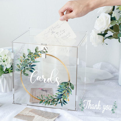 Clear Acrylic Card Box with Lock & Slot, Thick DIY Wedding Card Box for Wedding Reception, Large Money Gift Box Eucalyptus Graduation Card Box for Party Graduation Birthday Baby Shower