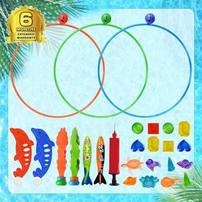 Pool Rings Diving Toys - 26PCS Swimming Thru Pool Diving Game Toys with Dive Rings Underwater Treasures Torpedo Bandits Fish Toys Etc Fun Water Swim Toys for Boys Girls Kids Teens Adults